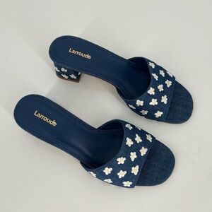 Larroude Brigitte Denim Flower Daisy Embroidered Mules